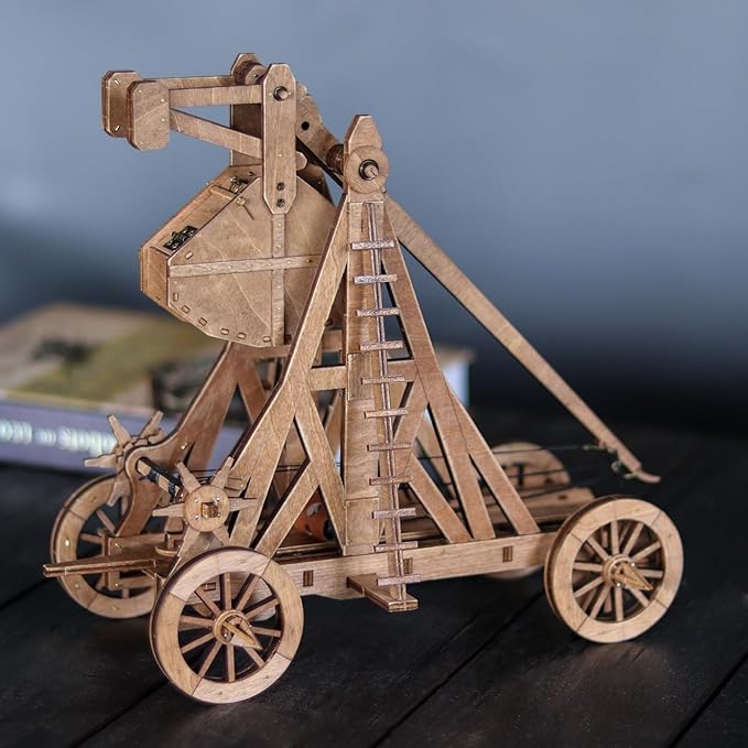 YAQUMW The Mini Counterweight Trebuchet with Four Wheels Europe Medieval Siege Weapon DIY 3D Wooden Puzzle Mechanical Model Kits STEM Projects Tabletop Toys