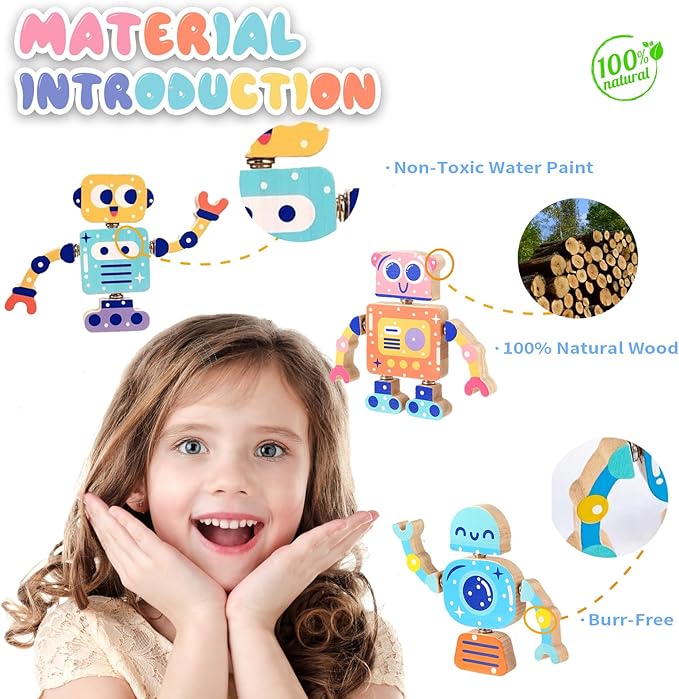 Wooden Snap Together Building Toys, STEM Blocks Toys, 28 Pcs Robot Take Apart Toys Playset, Montessori Educational Fine Motor Skill Toy, Gift for 3 4 5 6 7 8 Years Old Kids