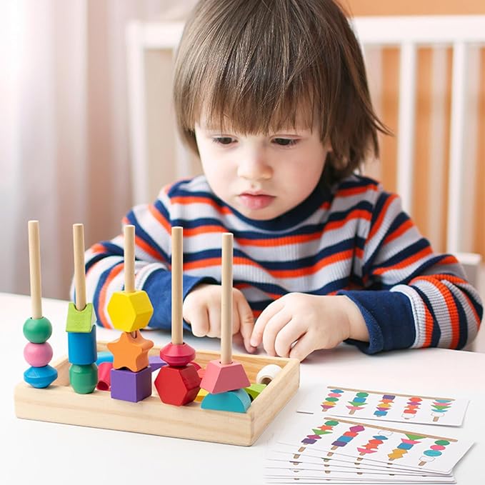 Montessori Bead Sequencing Set for Kids, Wooden Lacing Beads Toys for Toddlers, Matching Color Shape Stacker for 2 3 4 5 Years Old, Preschool Learning Educational Toys Gifts