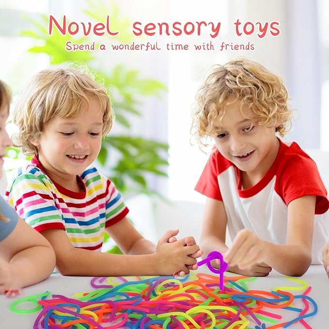 100 PCS Colorful Stretchy Fidget Strings Sensory Toys, Carnival Prizes Fidget Stress Relief Toy for Classroom Prize Children Gift Birthday Party Favors Kids 4-8 8-12
