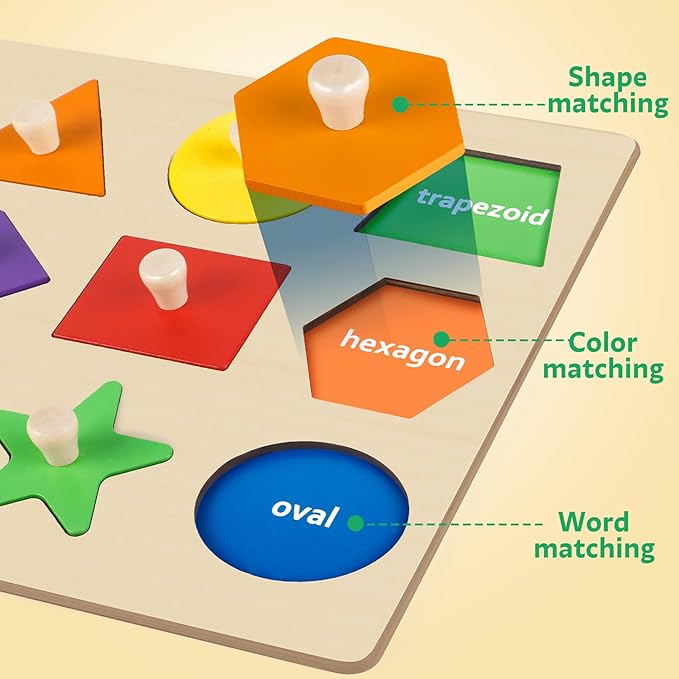 Roberly Shape Wooden Puzzles for Toddlers, Toys Peg Puzzle Geometric Color Matching Board for Girls Boys 36 Months Preschool Learning Educational Toys Birthday Gifts