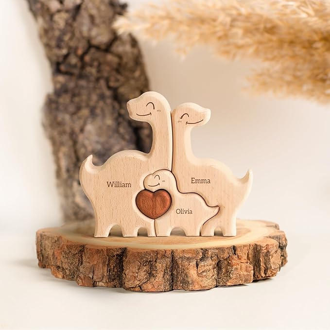 Wooden Dinosaur Family Puzzle, Personalized Puzzles with 2-5 Names, Fathers Day Birthday Wedding Gifts for Mom Dad Women Men, Home Decor Housewarming Gifts for Parents Couple