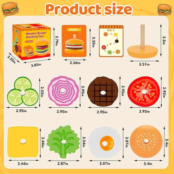 Jumlys Montessori Wooden Burger Stacking Toys for 2, 3, 4, 5 Year Olds, Fine Motor Toys for Kids Boys Girls, Ideal Preschool Educational and Learning Toys, Perfect Christmas Birthday Gifts