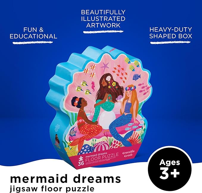 Crocodile Creek 36-Piece Jigsaw Floor Puzzle - Fun Floor Puzzles for Kids Ages 3-5 - Heavy-Duty Shaped Box for Storage - Mermaid Dreams - 24" W x 18" H Finished