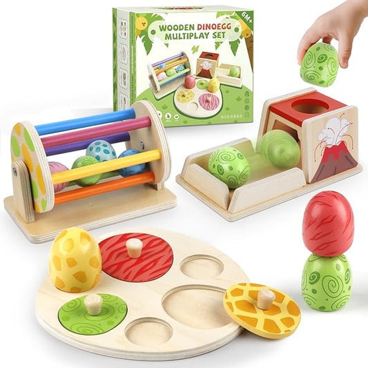 Montessori Wooden Baby Toy Dinosaur Egg Toy Set for 6+ Months, Spinning Drum, Object Permanence Box Ball Drop Toy, Stacking Matching Shape Puzzle Game Early Learning Gift for Toddlers (Neutral Colors)