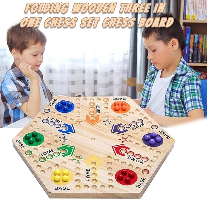 Wooden Board Game, Original Marble Game Double Sided Painted 2 to 6 Player Fast Track Board Game Wooden with 6 Colors 24 Marbles 6 Dice for Adults Kids Family(15 INCH)