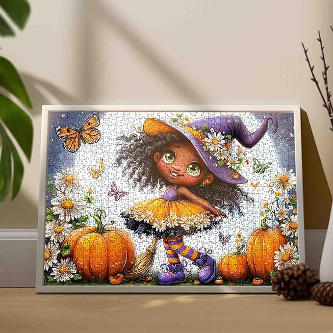 Cute Witch 1000 Piece Puzzle for Adults Pumpkins Butterflies and Flowers Jigsaw Vibrant Halloween Whimsical Fall Puzzles Challenging Aesthetic Fantasy Puzzle Home Decor 27x20 Inch