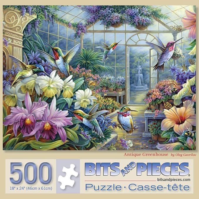 Bits and Pieces – 500 Piece Jigsaw Puzzle for Adults – Antique Greenhouse - Bird Fountain Beautiful Flower Garden Jigsaw Puzzle by Artist Oleg Gavrilov, Completed Puzzle Size: 18" x 24"