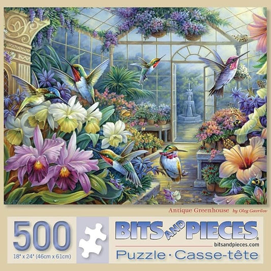 Bits and Pieces – 500 Piece Jigsaw Puzzle for Adults – Antique Greenhouse - Bird Fountain Beautiful Flower Garden Jigsaw Puzzle by Artist Oleg Gavrilov, Completed Puzzle Size: 18" x 24"