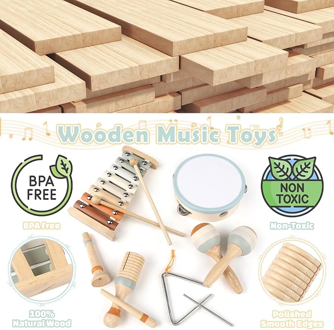 Vanplay Montessori Toys - 6 in 1 Wooden Musical Instruments for Toddlers 1-3, Infant Music Toy for Babies with Boho Xylophone for Boy & Girls Easter Birthday Gifts for 1-2