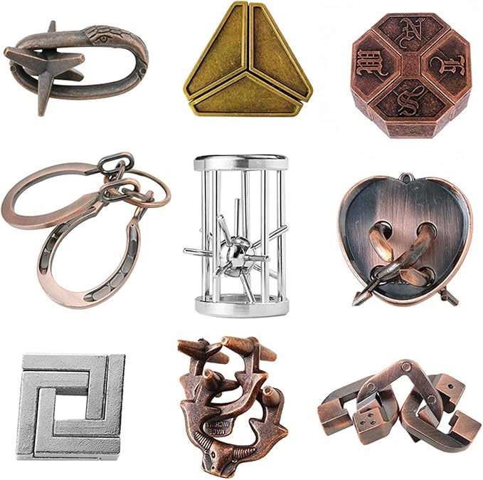 VolksRose 9pcs Brain Teaser Puzzles, Metal Wire Puzzles Set, Mind Smart Game IQ Challenge Puzzle Games, Educational IQ Test Unlock Interlocking Toy Lock Puzzles Gift for Adults Teenagers