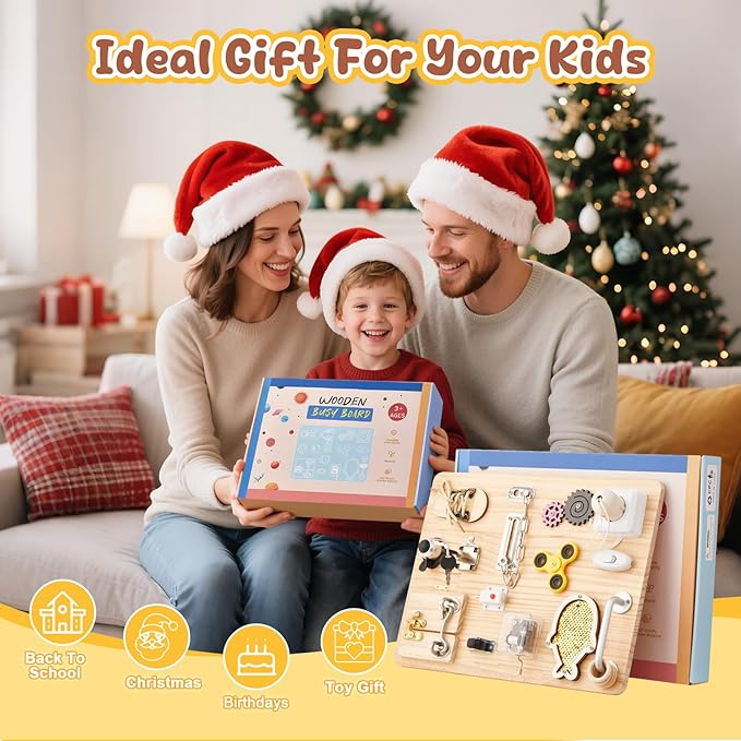 Wooden Montessori Large Busy Board for 1 2 3 4 Year Old, Sensory Activity Busy Board for Toddler Kids Baby Boys Girls, Travel Educational Toy for ADHD & Autistic Children