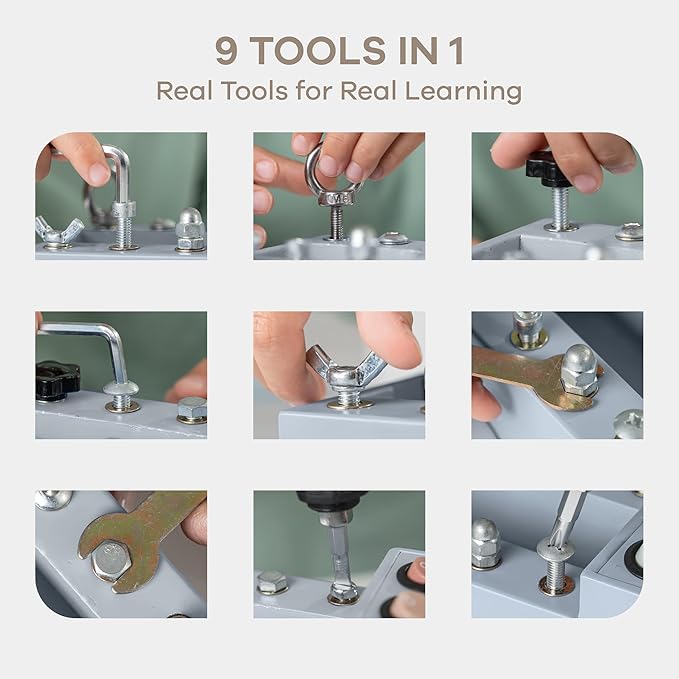 Comfy Cubs Busy Board Toy Truck Set - Fun & Noise-Free, Pine Wood Activity Board for Toddlers with LED Light Switch - Designed in The US, Focused & Engaging Montessori Play for Kids 3+ (Sage)