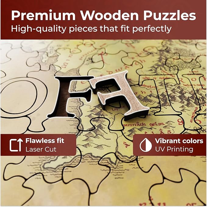 Crafthub Lord of The Rings Wooden Puzzles for Adults – A2 Size with 531 Pieces Wood Puzzles – Middle Earth Map – Jigsaw Puzzles with Unique Shapes – 15.2" x 15.4"