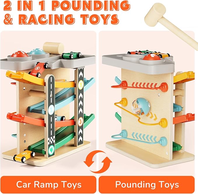 Toddler Toys for 1 Year Old Boy Girl 2 in 1 Pound Ball Toy & Car Ramp Race Track Learning Early Developmental & Educational Montessori Toys for Toddler 1-3 Year Old Birthday Gifts