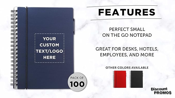DISCOUNT PROMOS Custom Spiral Notebooks with Elastic Closure Set of 100, Personalized Bulk Pack - Perfect for School, Office, Business and More - Navy Blue