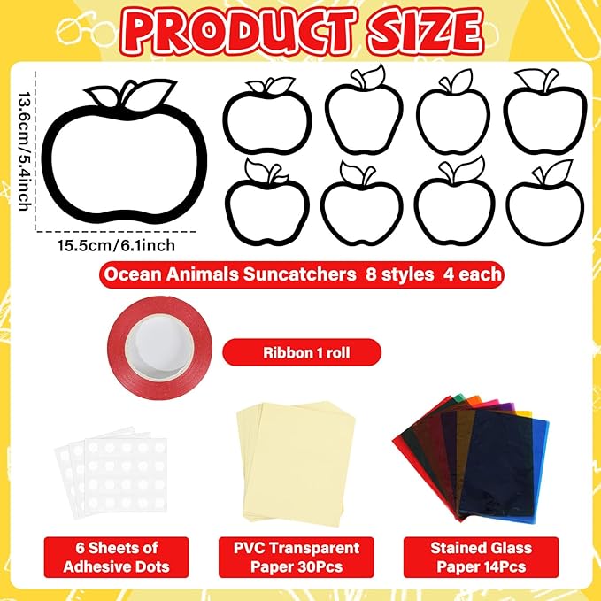 QOUBAI 32 Sets Back to School Apple Suncatchers Craft Kit DIY Window Stained Glass Effect Fall Apples Paper Craft for Home School Classroom Decor Kid Birthday Gifts Creative Art Projects Activity Game