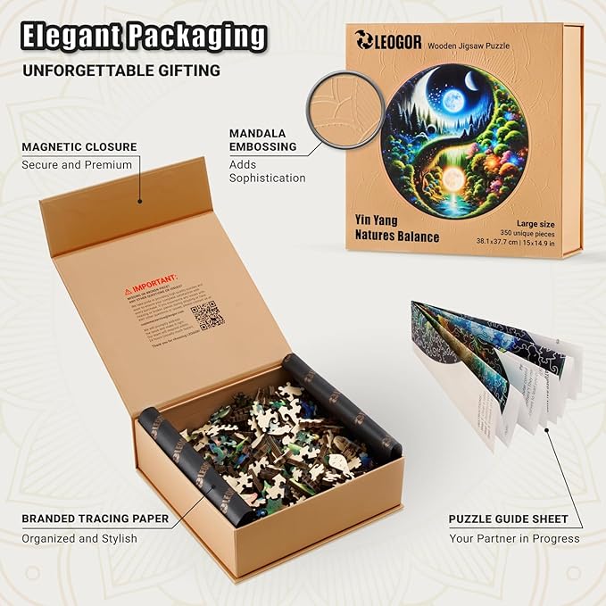 LEOGOR Wooden Jigsaw Puzzles for Adults 350 Pieces (15 × 14.9 in), Yin Yang Puzzle, Extra-Thick 5mm Wood, Round Mosaic Puzzles with Unique Animal Shapes, Challenging, Beautiful Gift for Puzzle Lovers