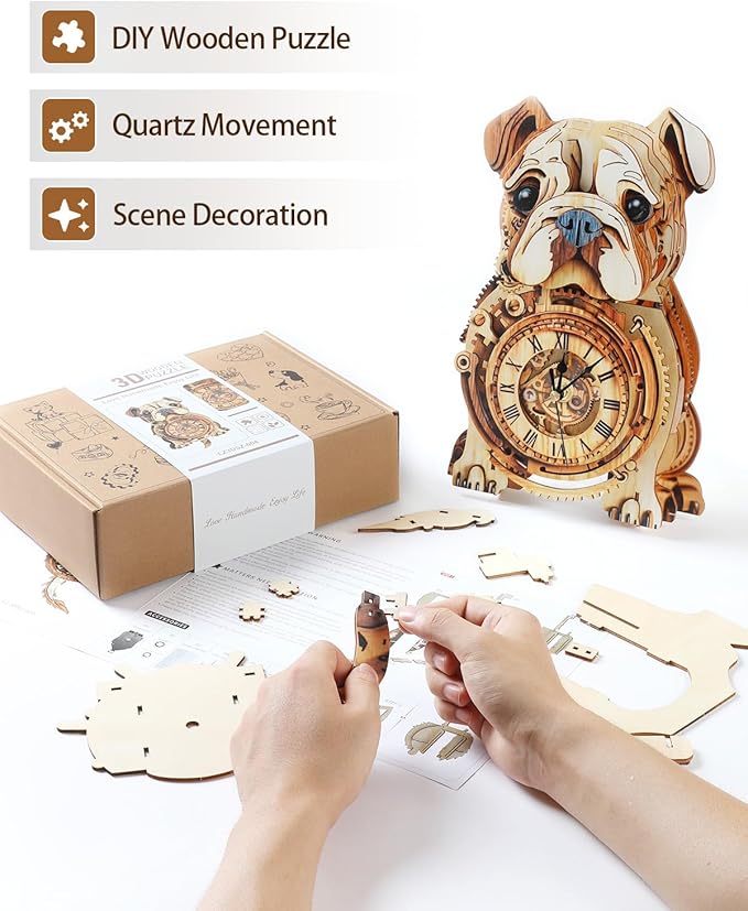 3D Wooden Puzzles for Adults, 3D Puzzles Bulldog Clock(with Pendulum) 32Pcs, Beginners Wooden Puzzle for Adults Teens Home Wall Decor Gift for Women Men