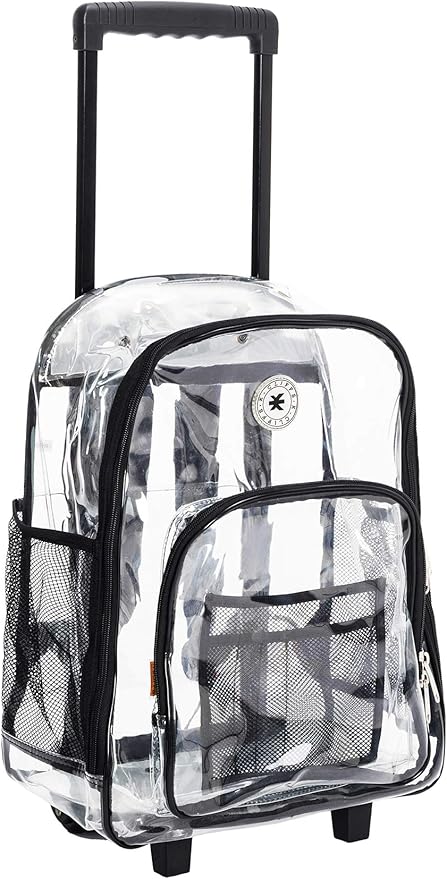 K-Cliffs Rolling Clear Backpack Heavy Duty Bookbag Quality See Through Workbag Travel Daypack Transparent School Book Bags w/Wheels Black