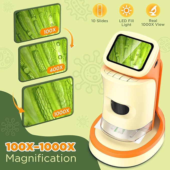 Microscope for Kids 2-in-1 Pocket Portable 1000X 2.0'' HD Screen Handheld Digital Microscopes with 10 Slides, Photo/Video, 6 Adjustable LEDs, Edu Science Kit Gift for Kids Age 5-7 8-12