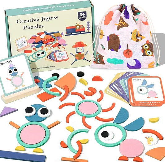 Wooden Shape Puzzles for Toddlers 3+ Years Old，Wooden Pattern Blocks Set Montessori Toys, Back to School, Preschool Education Activity STEM Gift for 3 4 5 Years Old Kids (100 PCS)