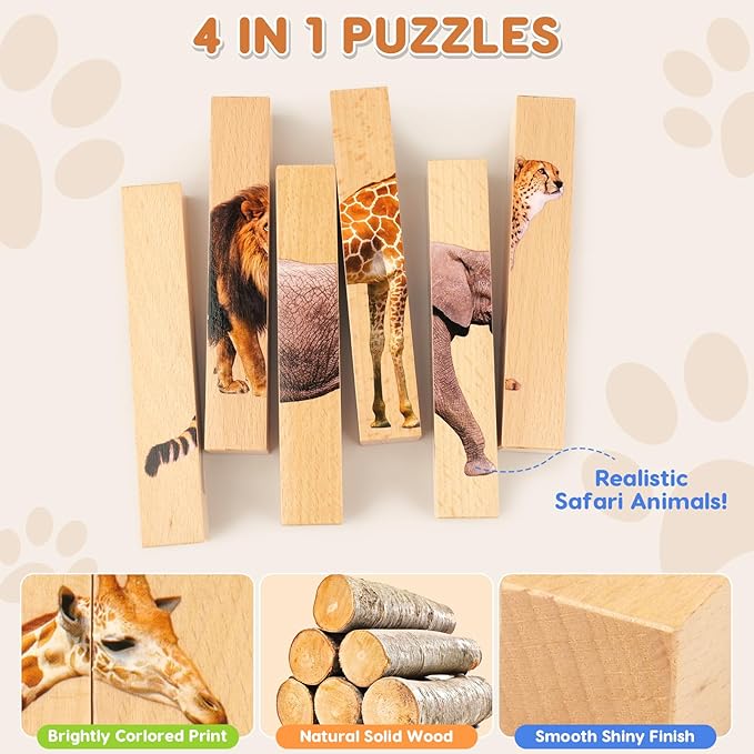 Wooden Puzzles for Toddlers 1-3: Animal Toddler Puzzles for 2-4 Years Old, Montessori Toys Learning Educational Chunky Puzzle, 4-in-1 Safari Animal Wooden Toys for Kids Baby Boys Girls Gifts