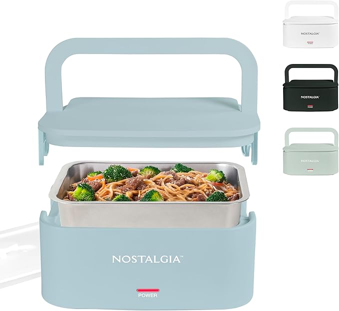 Nostalgia 32-Ounce Heated Electric Lunch Box – Travel Size 4 Cup Capacity for Soup, Pasta, and Leftovers – Leak-Proof Silicone Sealed Lid, Foldable Carry Handle, Detachable Cord – Chambray