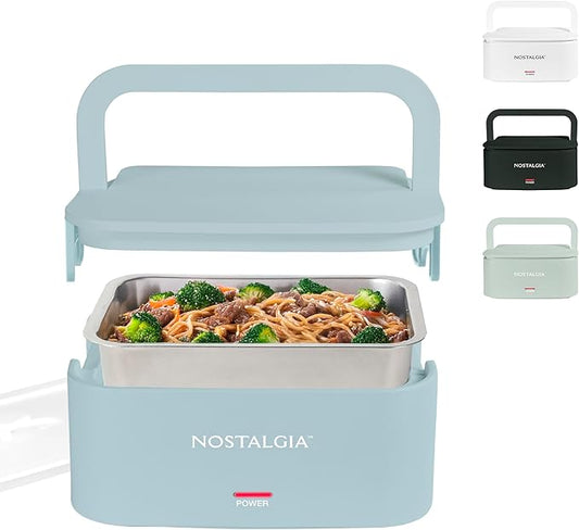 Nostalgia 32-Ounce Heated Electric Lunch Box – Travel Size 4 Cup Capacity for Soup, Pasta, and Leftovers – Leak-Proof Silicone Sealed Lid, Foldable Carry Handle, Detachable Cord – Chambray