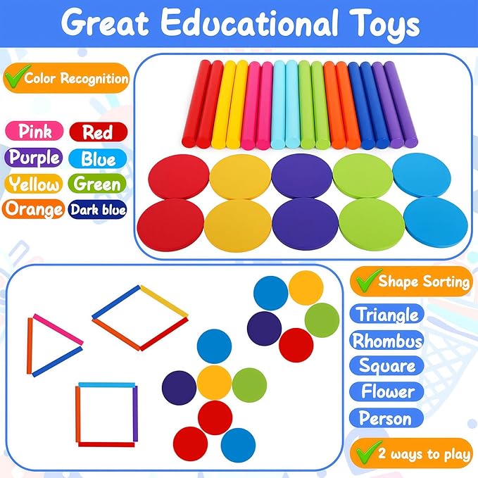 Wooden Sorting Toy Montessori Color & Shape Sorter Class Activity Toddlers Fine Motor Game for Colors and Shapes Recognition, Birthday New Year Valentine's Gifts for 2-5 Year Old Boys and Girls