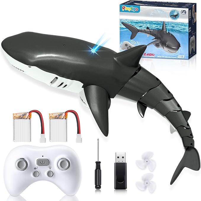 2.4Ghz Remote Control Shark Pool Toys for Boys Kids,Highly Realistic Shark Pool Toys for Kids,RC Boat Outdoor Water Toy with Light and Spray Water for Boys Girls Ages 6+ (with 2 Batteries)