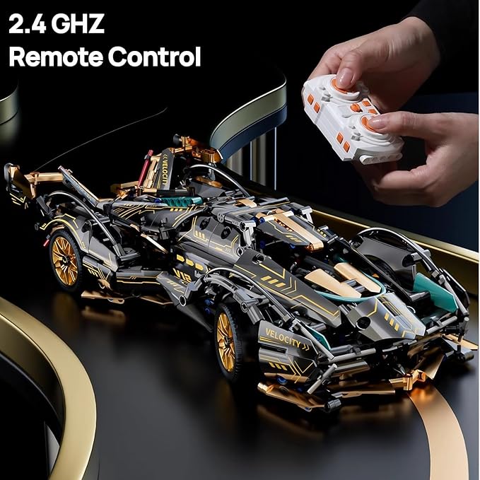 1:14-Scale RC Car Model Kit - Black-and-Gold Retro Supercar with APP Control, LED Lights, and Functional Scissor Doors for Creative Teens and Adult Hobbyists (1314 Pieces)