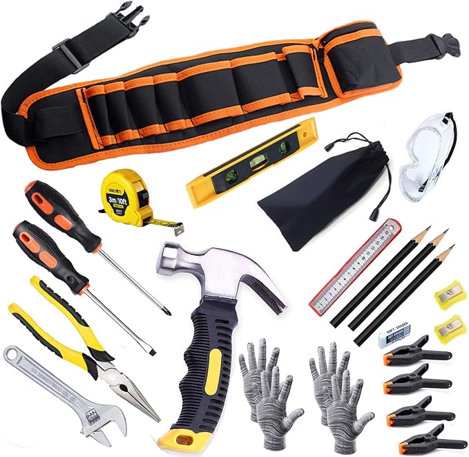 Kids Real Tool Set 25Pcs for Young Builders,Children Size Real Hand Tools Hammer,Kids Educational Tool Belt Waist Junior Boys Teens Beginner Starter Learning DIY Woodworking Construction Repair Set