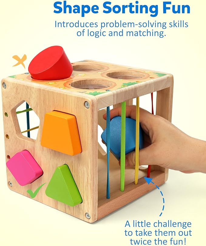 Coogam Wooden Montessori Toys for Toddlers, Shape Sorting Cube Fine Motor Skills Game for Year Old 18 Month+ Baby Boys Girls Gift