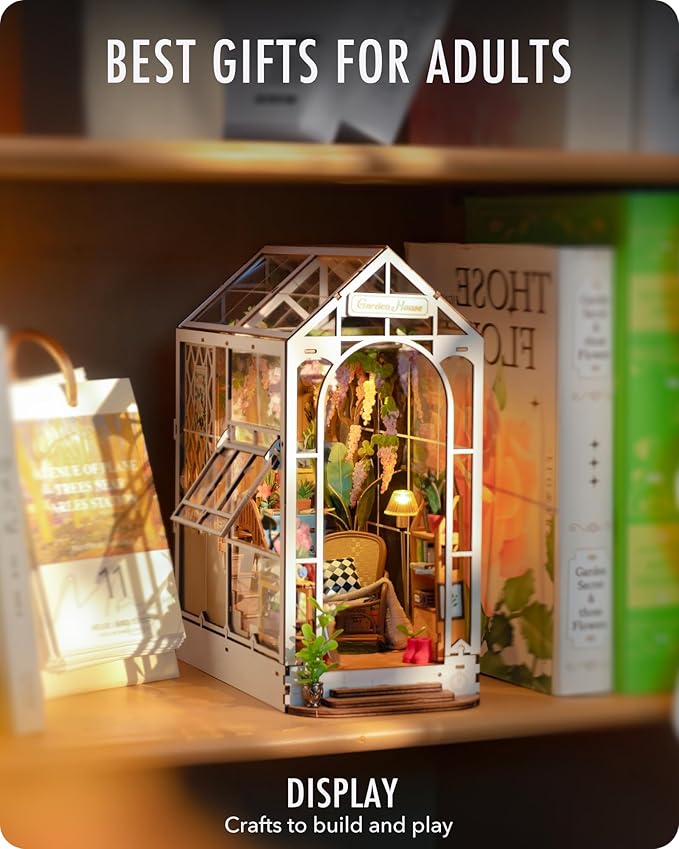 Rolife DIY Book Nook Kit Garden House, DIY Miniature Booknook Kit 3D Creative Decorative Bookend Bookshelf Insert 3D Puzzle for Adults, Halloween/Christmas Decorations/Gifts for Adults (Garden House)