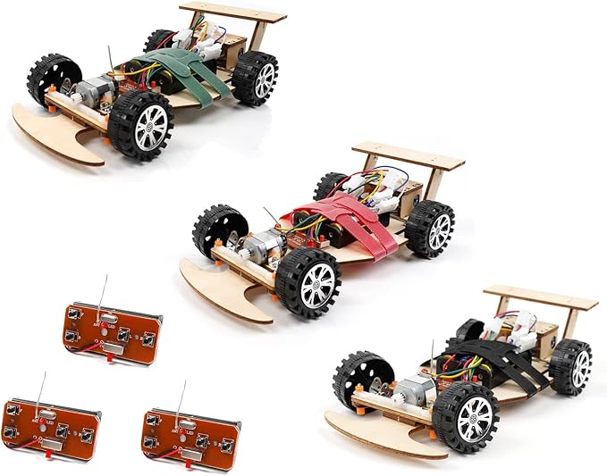 Wireless Remote Control Wooden Racing Car F1 - Upgraded Competition Edition (Three Colors for Racing 3-Pack), Science Experiment R/C Car Kit for Kids, STEM Project Model Car Kit to Build