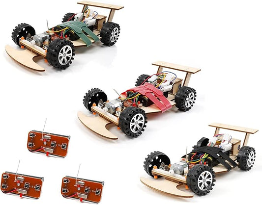 Wireless Remote Control Wooden Racing Car F1 - Upgraded Competition Edition (Three Colors for Racing 3-Pack), Science Experiment R/C Car Kit for Kids, STEM Project Model Car Kit to Build