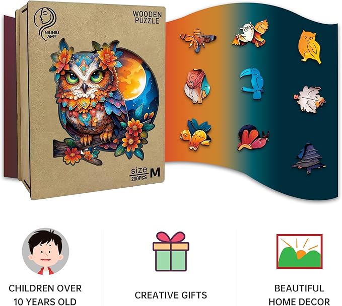 Wooden Puzzles for Adults Owl Jigsaw Puzzles 200 Piece,Thanksgiving Birthday Gifts Family Game,Unique Shape Puzzle Challenge 11 x 11 Inch
