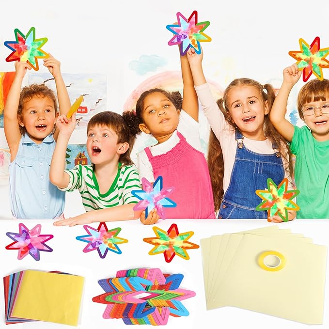 Qyeahkj 36 Set Summer Star Suncatchers Crafts for Kids DIY Star Window Tissue Paper Craft Kit Art Ornament Hanging Decor for School Home Classroom Activity Art Project Birthday Party Favors Gifts