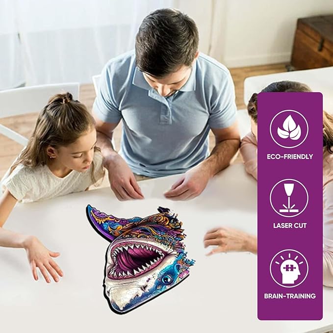 Wooden Jigsaw Puzzle, 500 Pcs Unique 3D Shape Jigsaw Puzzles, Wood Puzzle Gift Box Packing, Medium Size Letter, Creative Gift for Adults and Kids, Fun Challenging (EA2Shark, 500PCS)