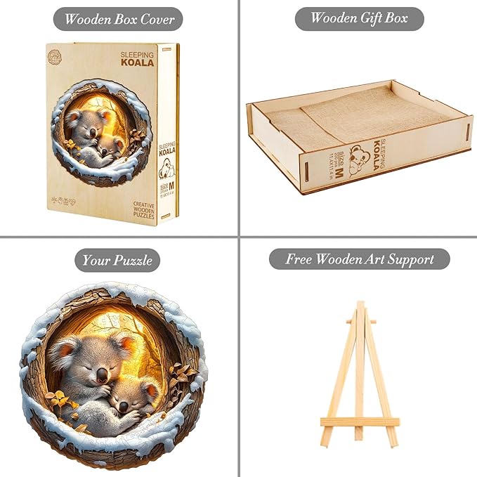 KAAYEE Wooden Puzzles for Adults, 3D Visual Effect Sleeping Koala Wooden Jigsaw Puzzle Unique Shape Wood Puzzle Adult, 3D Effect Flat Puzzle Birthday Family Games (M-11.4 * 11.4 in-200pcs)
