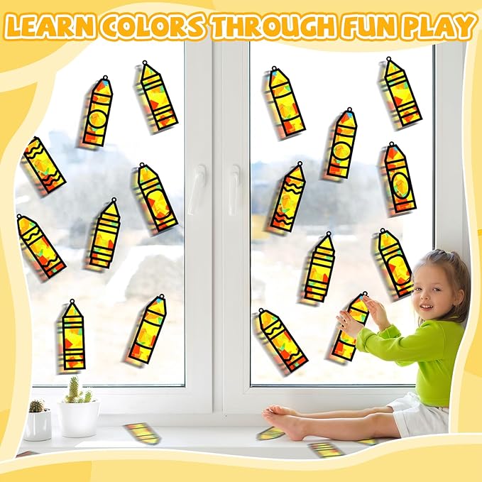 32 Sets Back to School Crayon Suncatchers Craft Kit DIY Window Stained Glass Effect Crayons Paper Crafts for Home School Classroom Decoration Kid Birthday Gifts Creative Art Projects Activity Game