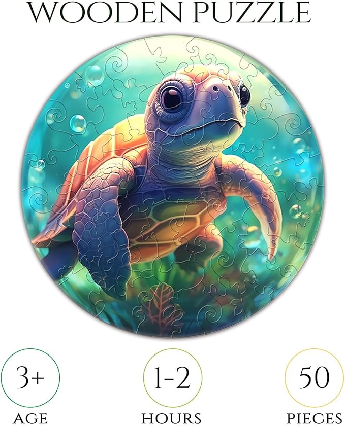 Christmas Birthday Gifts for Kids Girls Boys, Wooden Jigsaw Puzzles for Kids Ages 4-6, 50 Piece Unique Shape Animal Theme Puzzle - Preschool Learning Educational Toys for Kid (Sea Turtle)