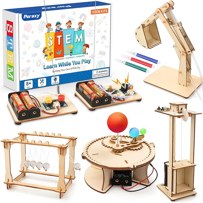 Poraxy 5 Set STEM Science Kits for Kids Age 8-12, Wooden Building STEM Projects 8-10, 3D Puzzles, Experiment Circuits Model, Toys for Ages 8-13, Gifts for Boys and Girls 6 7 8 9 10 11 12 13 Years Old