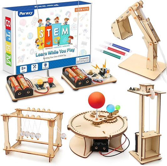 Poraxy 5 Set STEM Science Kits for Kids Age 8-12, Wooden Building STEM Projects 8-10, 3D Puzzles, Experiment Circuits Model, Toys for Ages 8-13, Gifts for Boys and Girls 6 7 8 9 10 11 12 13 Years Old