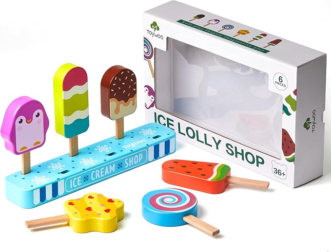 Wooden Ice Cream Toy for Kids, Toddlers Ice Lolly Pops Pretend Play Food Toys Ice Cream Shop Playset Gifts for Kids Age 3 4 5 6 Years Old