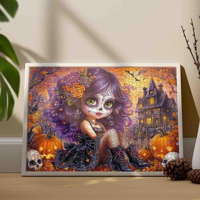 Halloween Gothic Girl Puzzle for Adults 1000 Piece Purple Hair Sugar Skull Day of The Dead Jigsaw Puzzle Spooky Haunted House Puzzle Fall Aesthetic Decorative Puzzles Gift for Women Family Fun Game