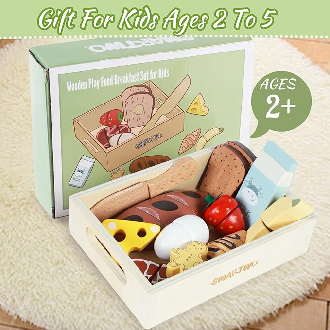 Wooden Bakery Toy Food Breakfast Set for Kids,Pretend Play Food Kitchen Accessories with Crates,Fake PlaySets Montessori Toys,Toddlers Cutting Food Gift for Boys and Girls Ages 3+