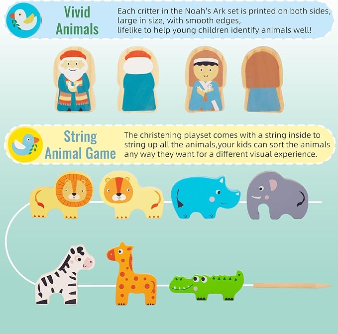 Toddlers Wooden Noah's Ark Toy Animal Playset, Shape Sorter Early Learning Montessori Toys, Baptism Gifts for 3 Boys Girls Kids