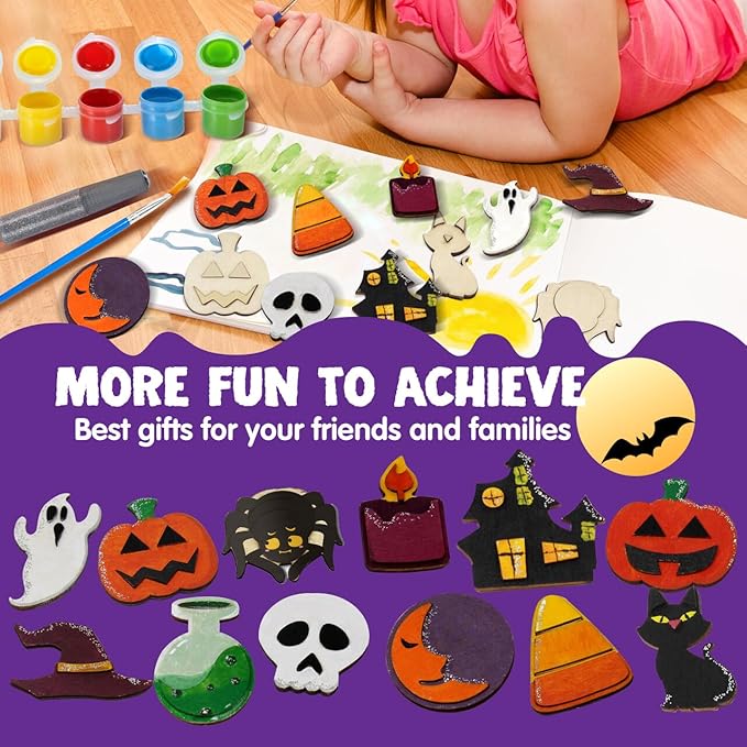 JOYIN 12 Pcs Halloween Wood Craft Kit, Wooden Magnet Creativity Arts Painting Kit, DIY Halloween Painting Craft for Kids Party Supplies, Toddler Party Favors Family School Activities